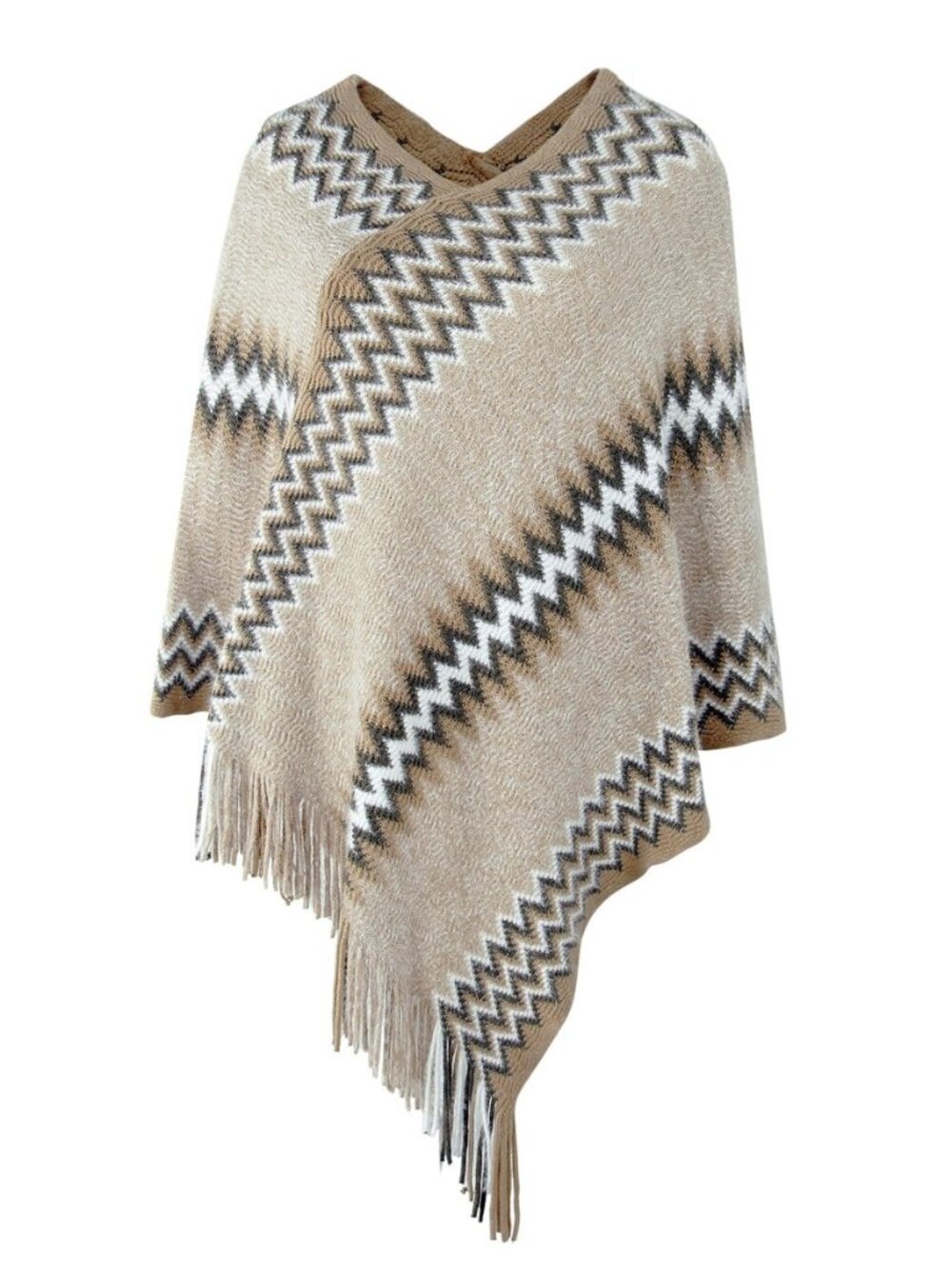 Women's Soft Knitted Zig Zag Patterned Tassel Batwing Poncho Sweater Pullover
